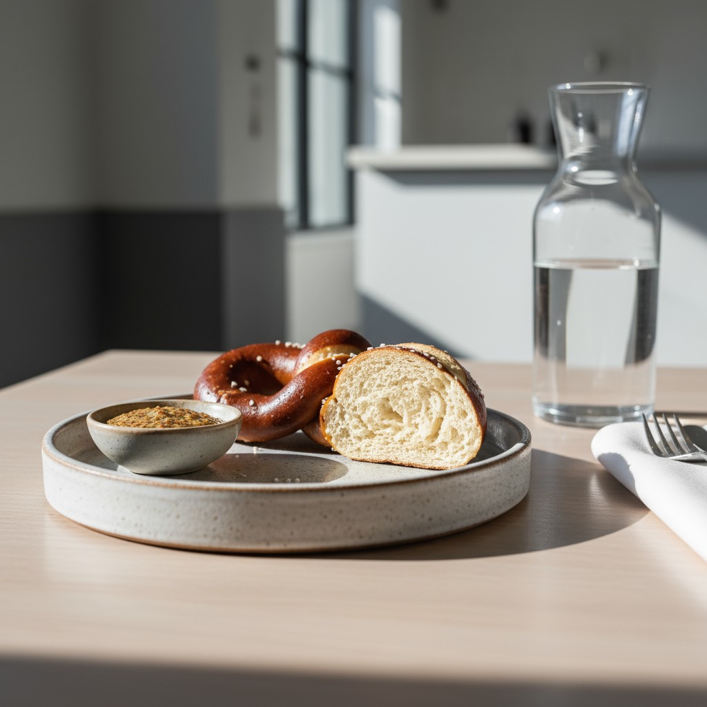 a light breakfast with a glass of water, salted pretzels and soft roll, cut in half on a plate, white napkin and utensil n...